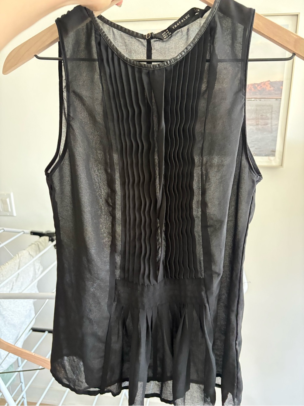 Zara Black Sheer Pleated Ruffle-Hem Sleeveless Camisole